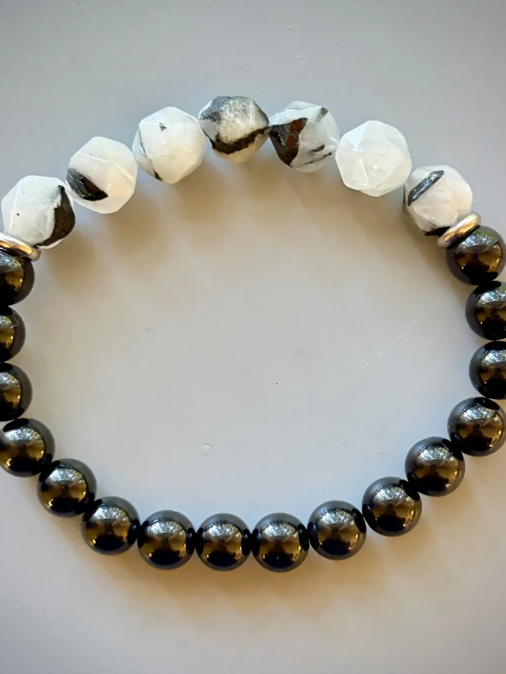 Black and white Rutilated Quartz Handcrafted Bead Bracelet